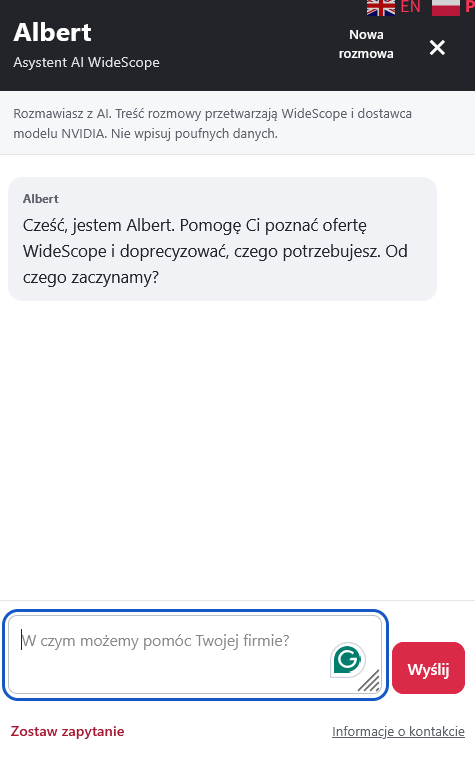 Okno rozmowy z Albertem, asystentem AI WideScope, na stronie widescope.pl