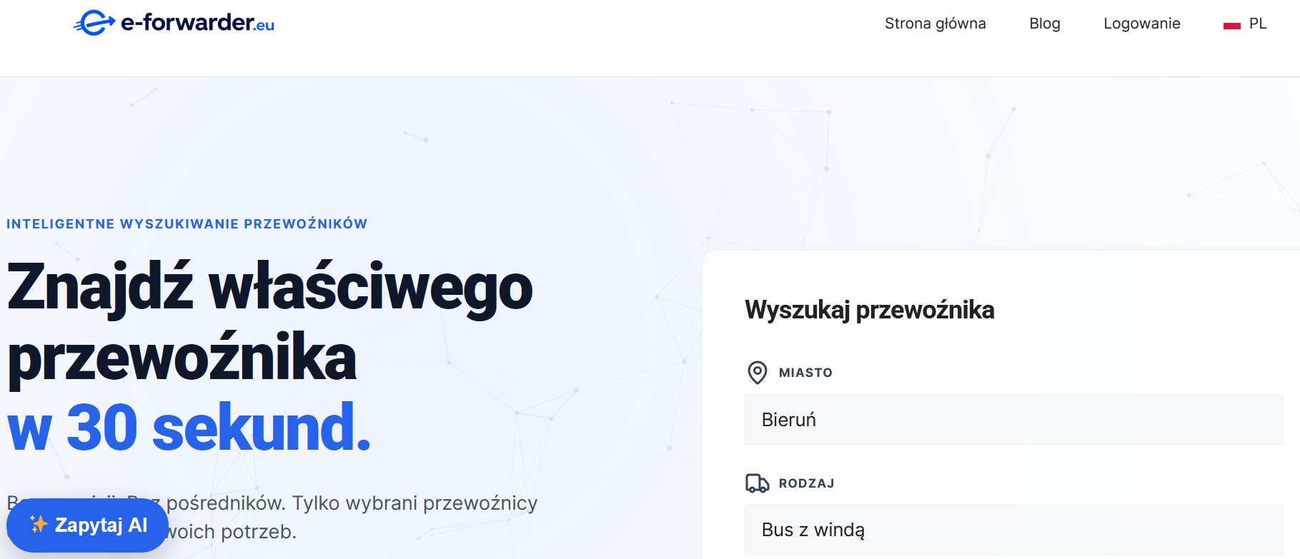 Wyszukiwarka przewoźników e-forwarder z wynikami przygotowanymi przez AI